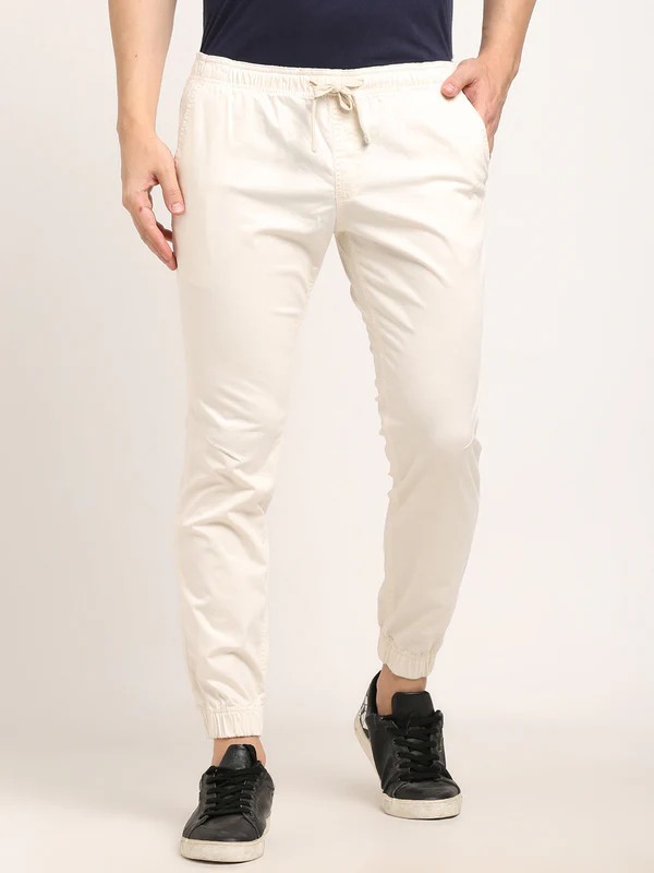 Indian Terrain Men's Comfort Fit Solid Off White Trousers